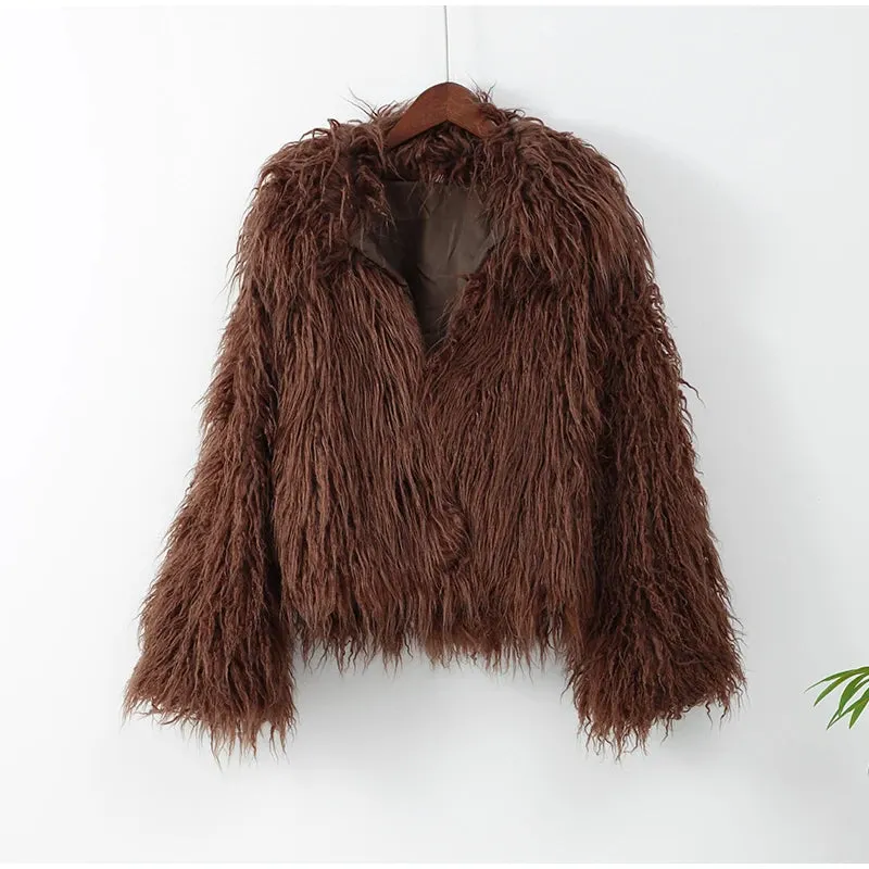 Elegant Thicken Cropped Faux Fur Coat Long Sleeve Loose Fur Jacket