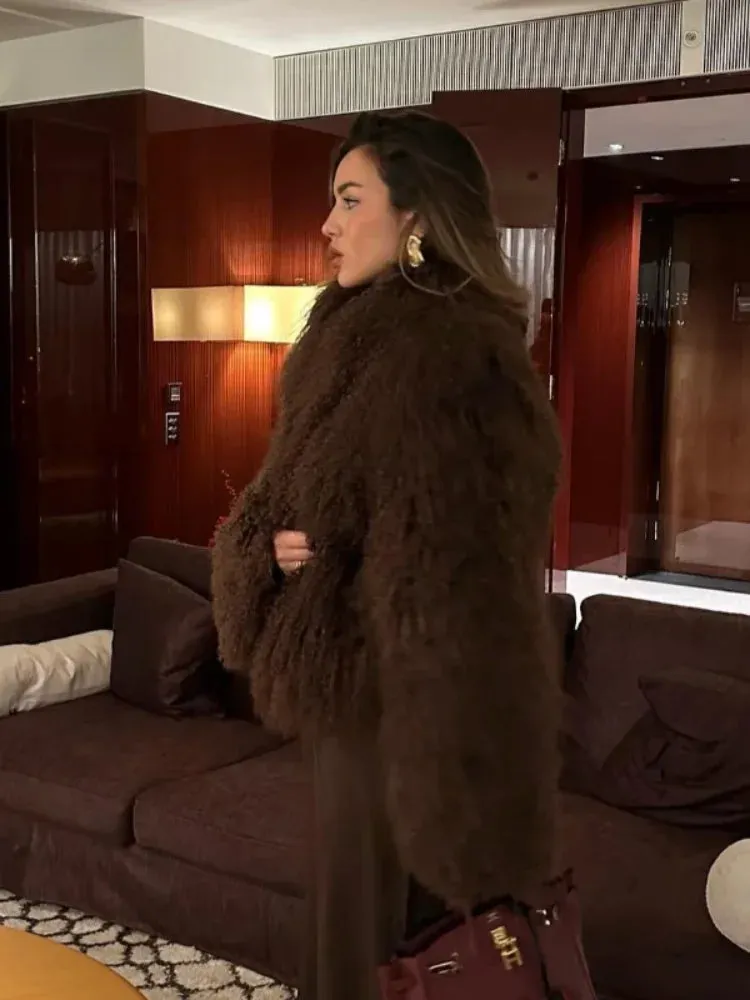 Elegant Thicken Cropped Faux Fur Coat Long Sleeve Loose Fur Jacket
